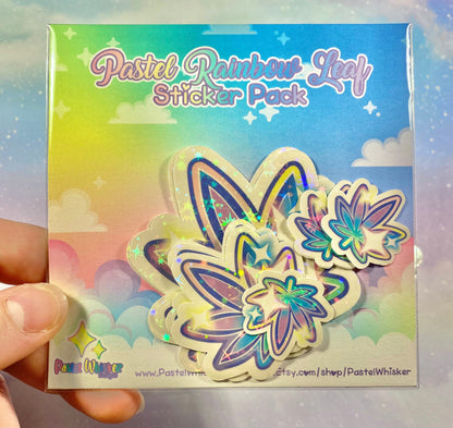 Pastel Rainbow Leaf Sticker Pack | cute weed leaf, weed leaves, weed stickers, cannabis stickers, kawaii stickers, cute stickers