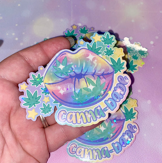Canna-babe holo sticker | canna babes, canna babe stickers, stoner girls, cannabis stickers, weed stickers, kawaii stickers, tumbler sticker